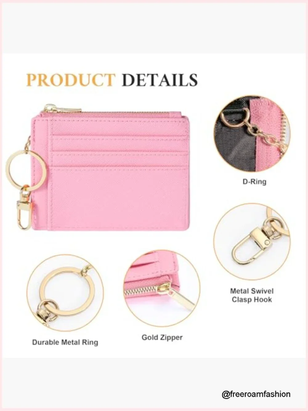 Slim Card Case Wallet for Women with Keychain - 6 Card Slots, ID Window, Zipper